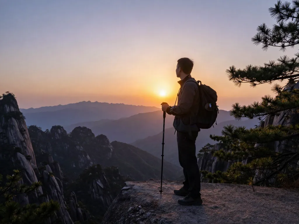 Trek to Manaslu Circuit at sunset with hiker overlooking mountains and valleys.