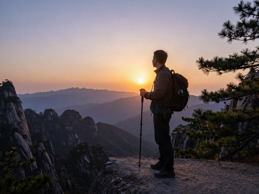 Trek to Manaslu Circuit at sunset with hiker overlooking mountains and valleys.