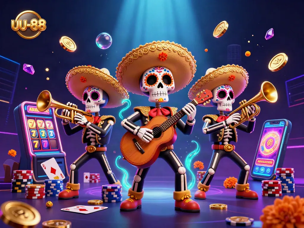 Spin to win with uu-88 in this vibrant 3D Dia de los Muertos casino illustration.