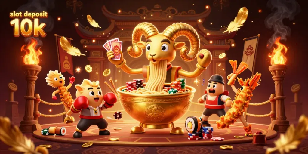 Engage in thrilling action with slot deposit 10k, featuring dynamic characters in a vibrant casino scene.