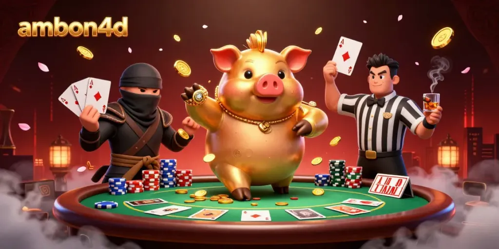 Experience the thrilling action at ambon4d with a piggy bank sumo wrestler amid dynamic casino elements.