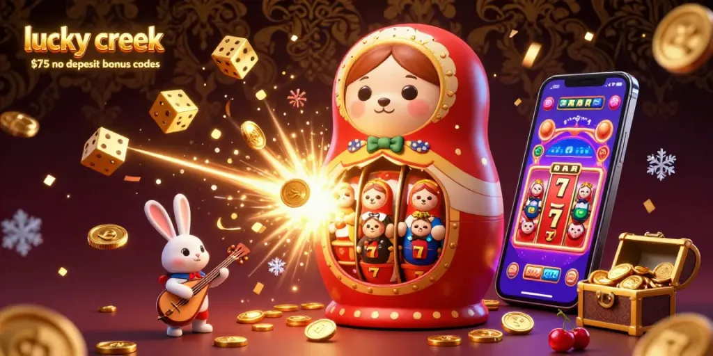 Engage with lucky creek $75 no deposit bonus codes in a vibrant 3D casino illustration featuring unique characters and dynamic elements.